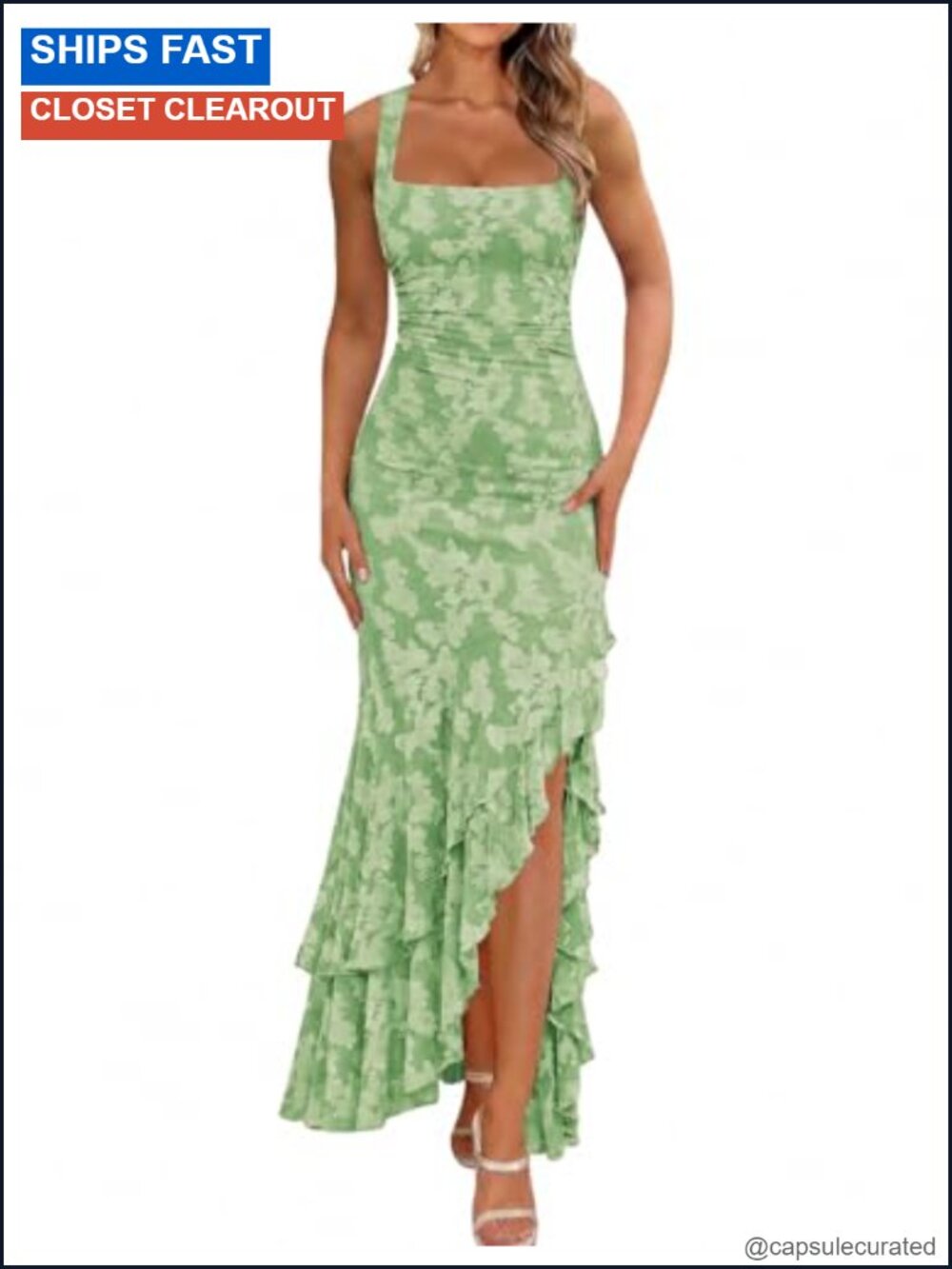 Elegant Ruched Floral Maxi Dress Sleeveless Square Neck Bodycon